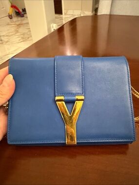 Saint Laurent Blue Women's Chain Shoulder Bag with Gold Y Accent